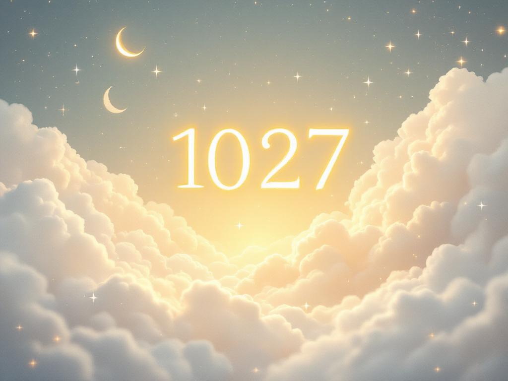 Ethereal illustration of '1027' glowing in a serene, heavenly landscape with clouds and stars.