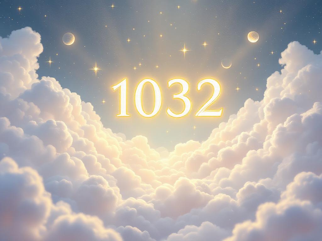 Ethereal illustration of '1032' in glowing gold, surrounded by serene clouds and soft light.