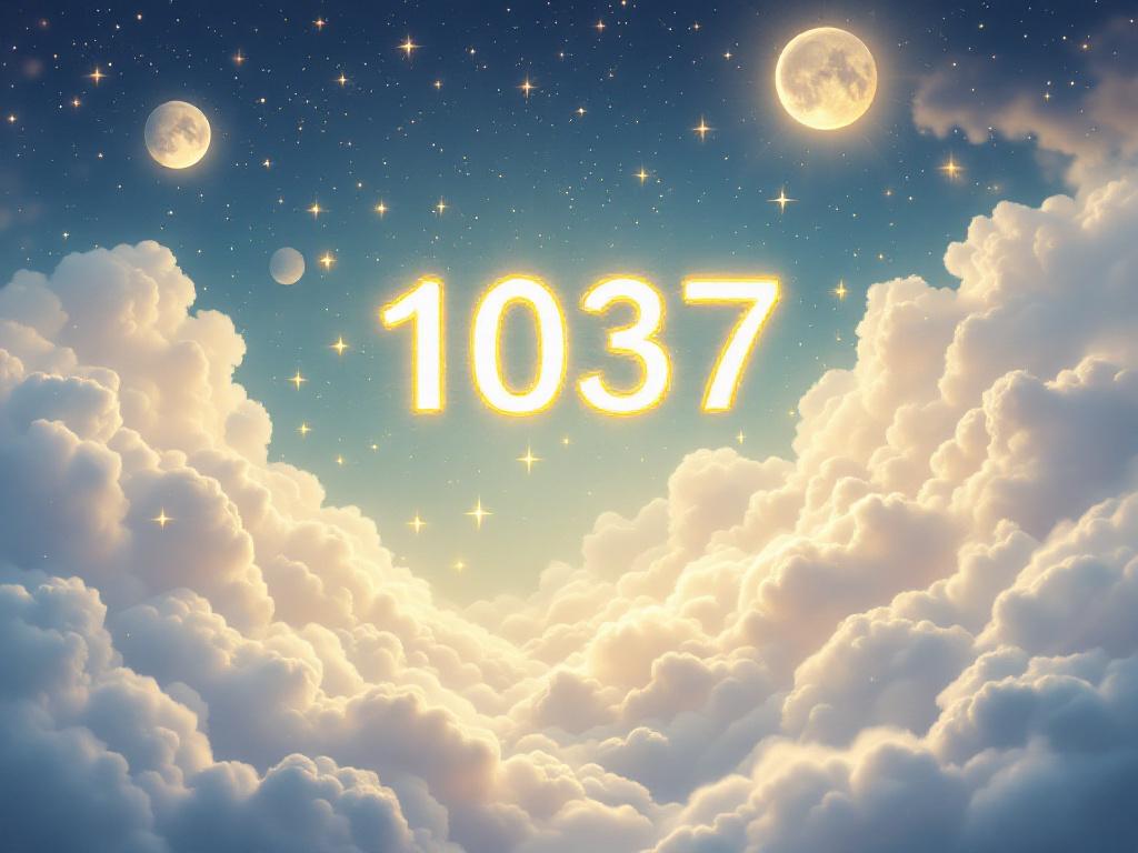 Ethereal illustration of '1037' glowing in a serene, heavenly landscape with clouds and light.