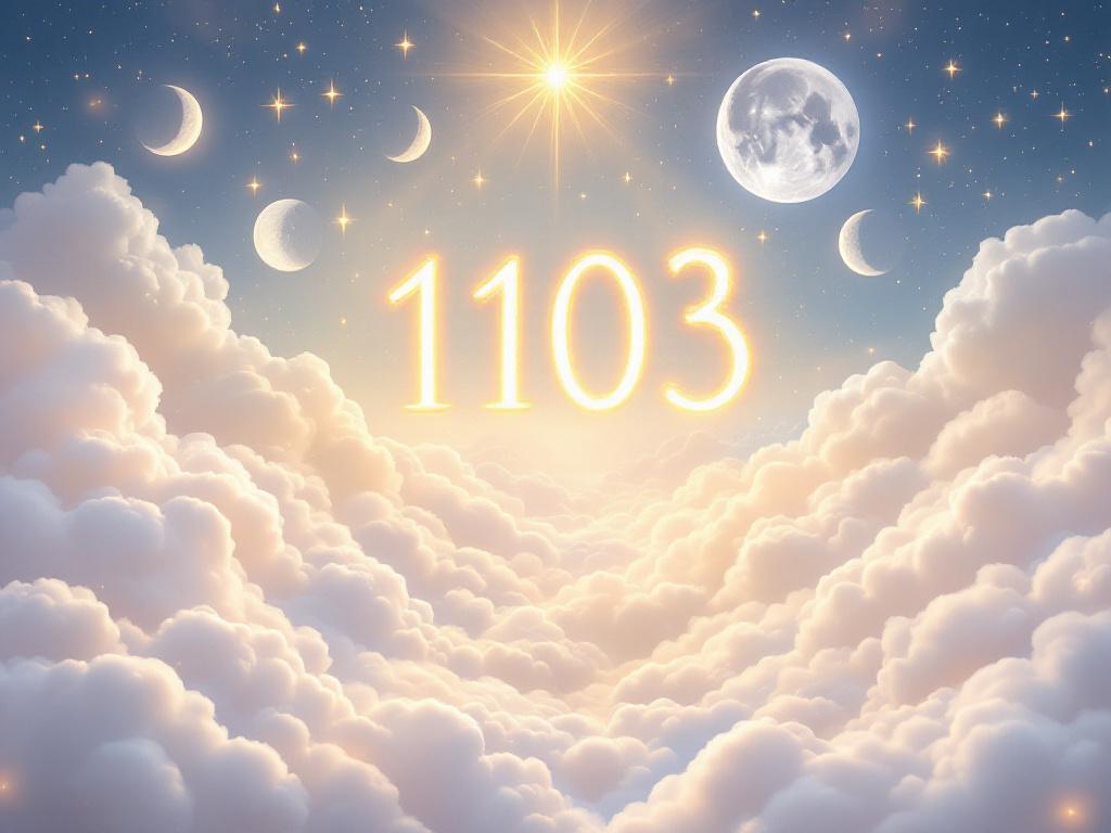 Ethereal illustration of '1103' glowing in a serene, heavenly landscape with celestial elements.