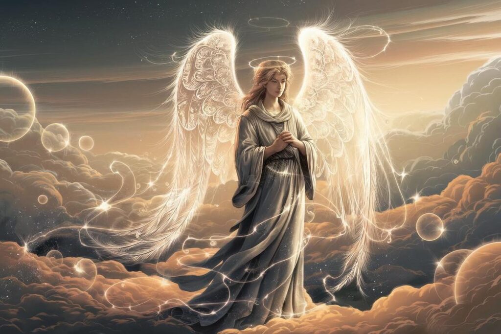 A mystical guardian angel radiates light in a dreamy, hope-filled landscape of clouds.