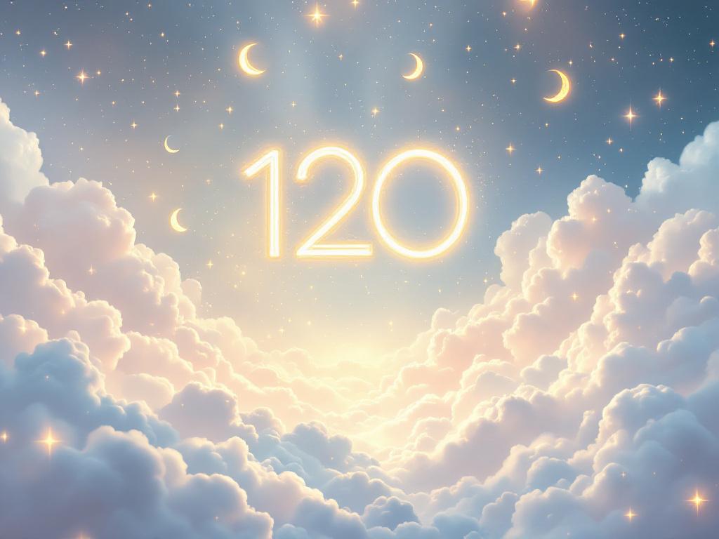 Ethereal illustration of '120' in glowing gold, surrounded by serene clouds and celestial elements.