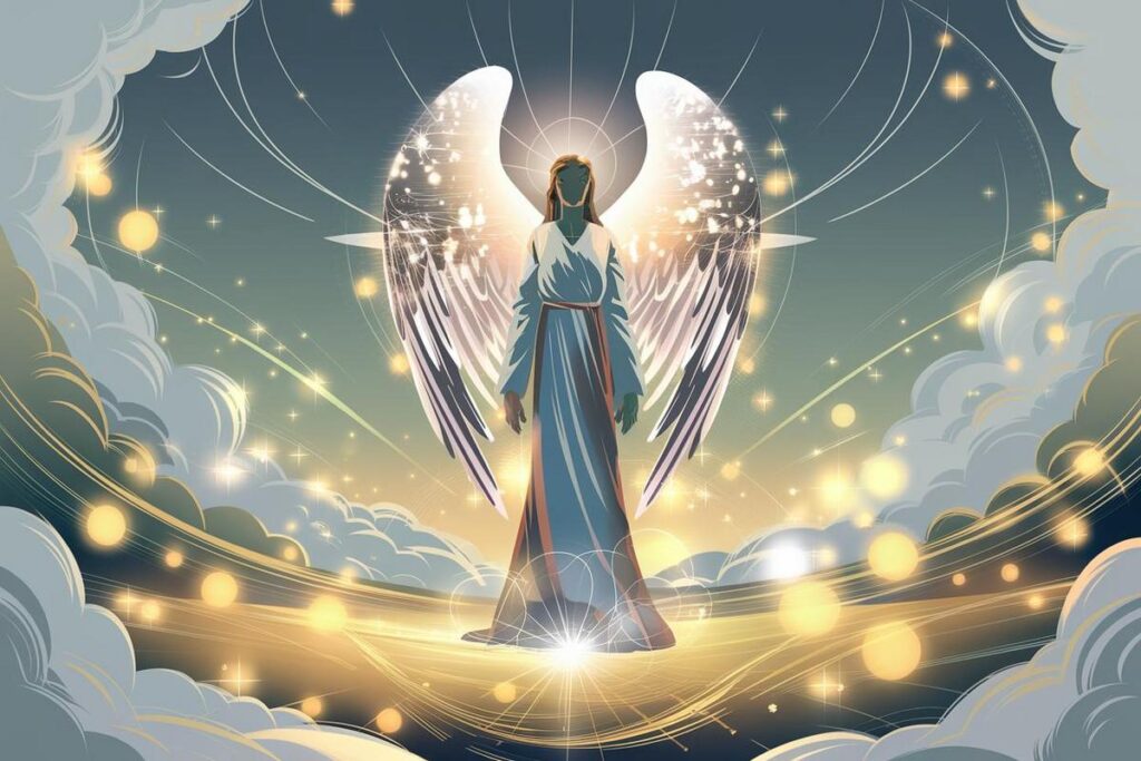 Serene guardian angel in radiant light, symbolizing hope and divine guidance amid soft clouds.